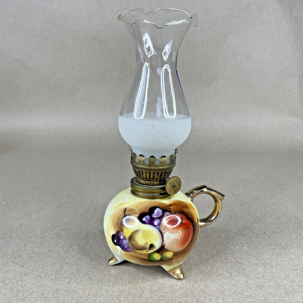 Vintage Enesco‎ Fruit Painted Gold Trim Footed Mini Miniature Oil Lamp Yellow
